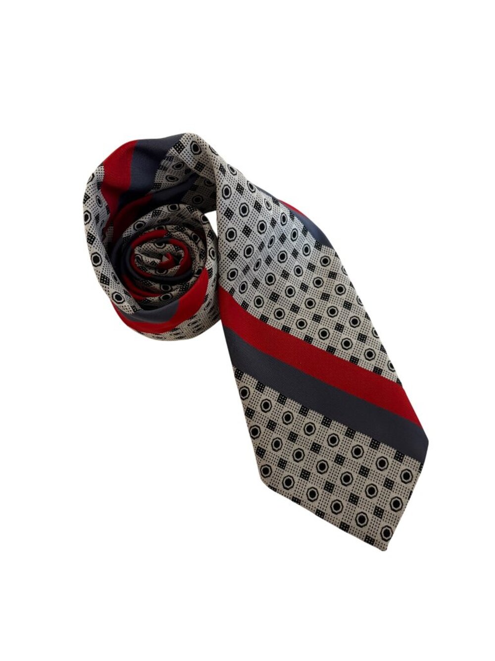 Vintage DCapri Mens Geometric Striped Tie Red Gray White Texturized Polyester